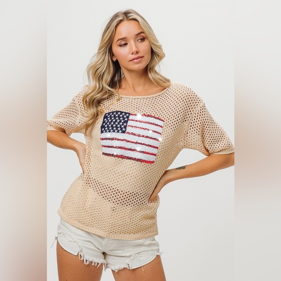 Bibi American Flag Sequins Knit Womens Top